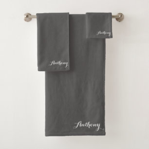 Grey Name Modern Elegant Monogram Boho Bath Towel Set