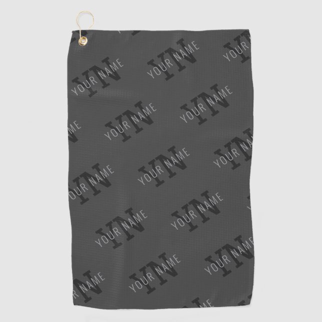 Grey Name & Monogram Pattern Golf Towel (Front)