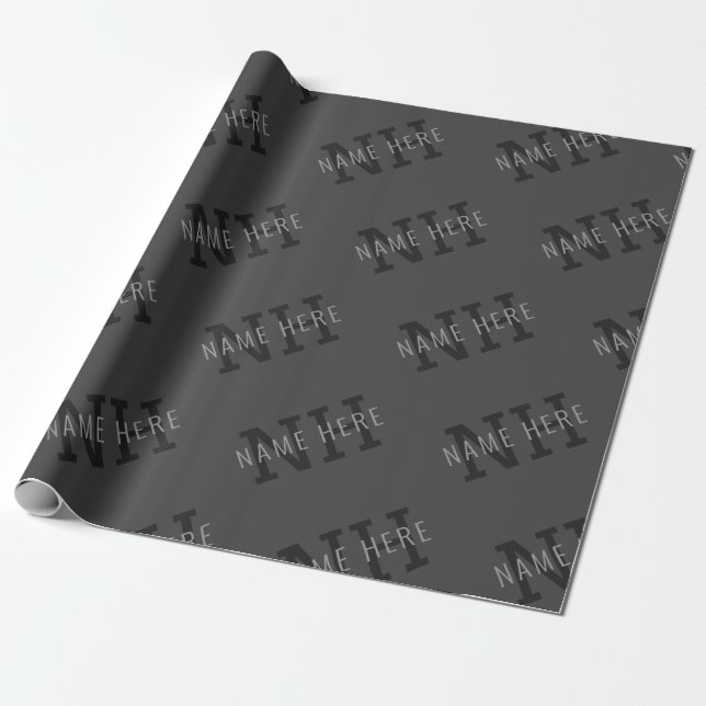 Grey Name & Monogram Pattern Wrapping Paper (Unrolled)