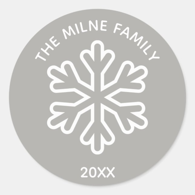 Grey Name/Year Snowflake - Circle Sticker (Front)