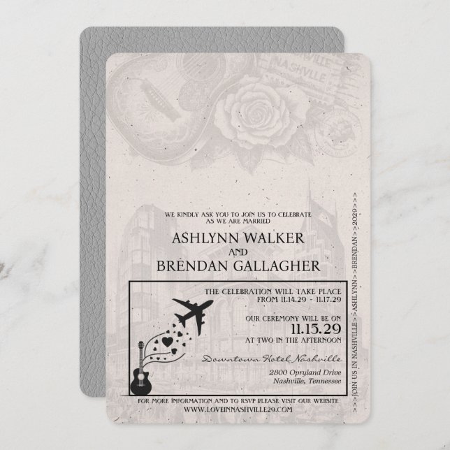 Grey Nashville Passport Wedding Invitation (Front/Back)