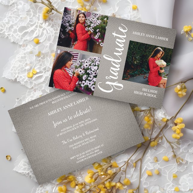 Grey Natural Fabric Collage 3 Multi Photos Grad  (Grey Natural Fabric Collage 3 Multi Photos Grad Graduation Invitation.)