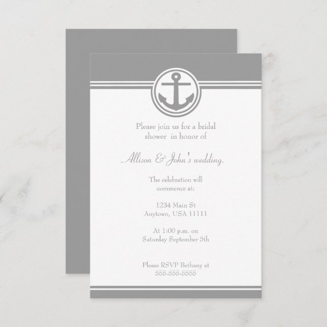 Grey Nautical Anchor Bridal Shower Invitation (Front/Back)