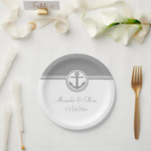 Grey Nautical Anchor Paper Plate