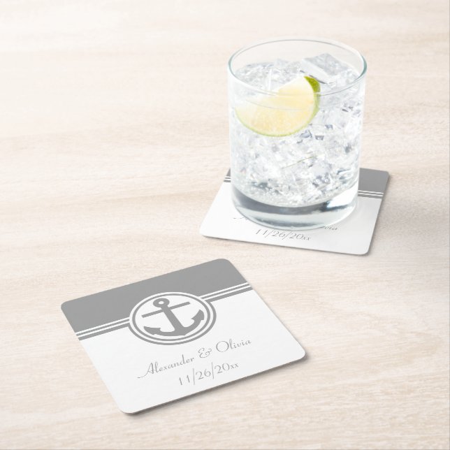 Grey Nautical Anchor Square Paper Coaster (Insitu)