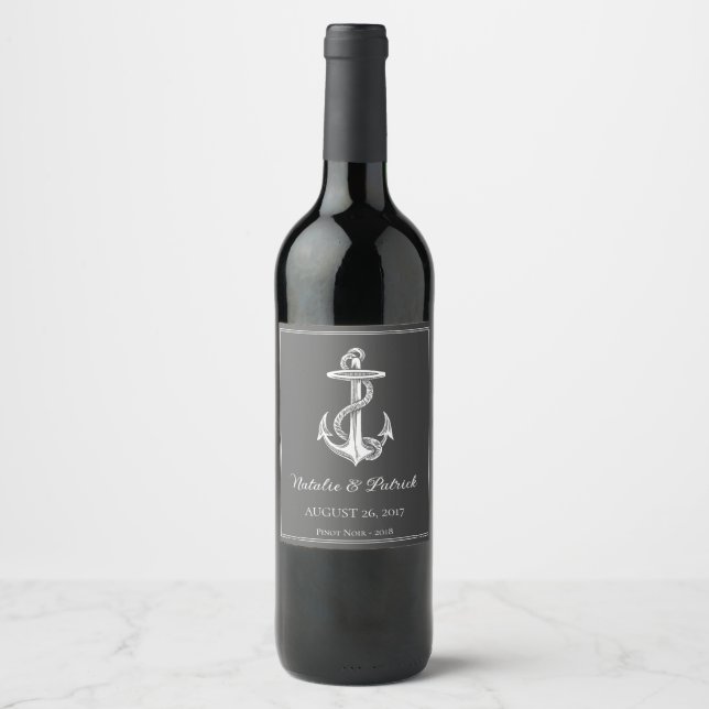 Grey Nautical Anchor Wedding Wine Label (Front)