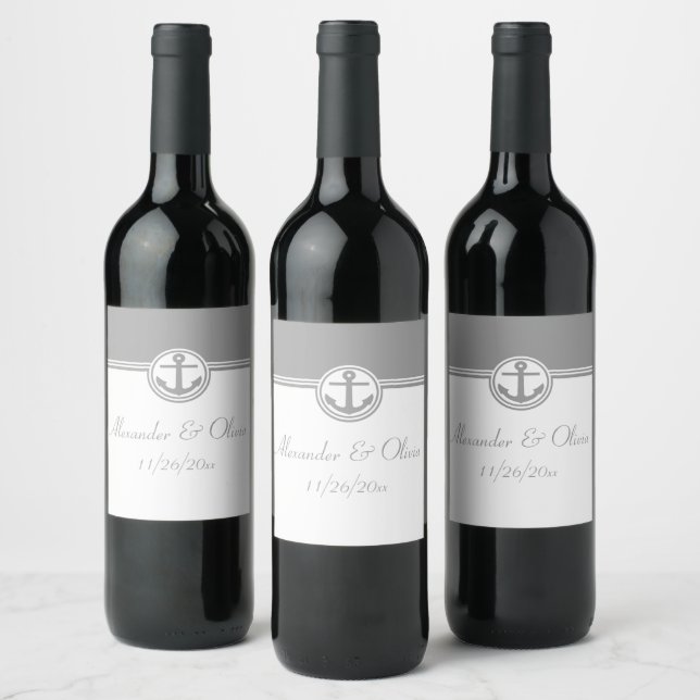 Grey Nautical Anchor Wine Label (Bottles)