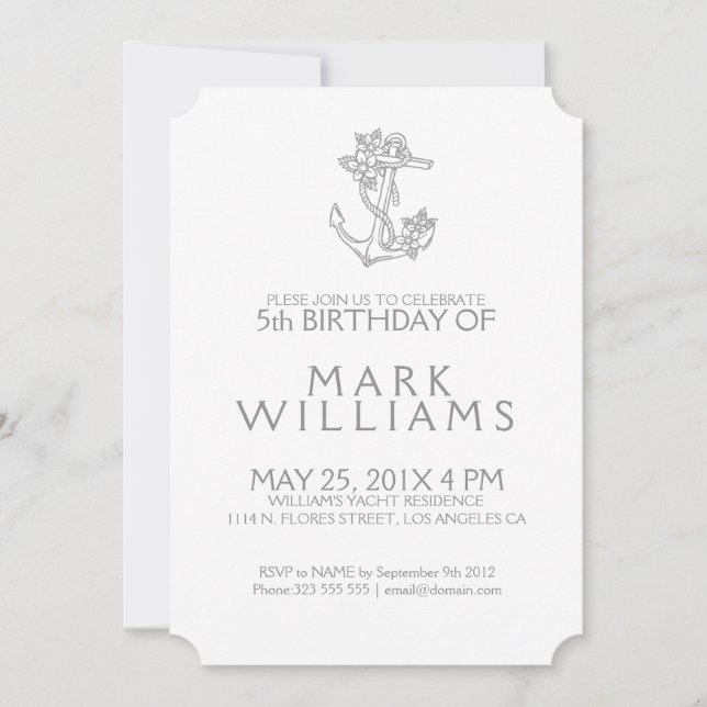 Grey Nautical Floral Anchor Birthday Party Invite (Front)