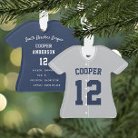 Grey & Navy Baseball Jersey Player Stats Ornament<br><div class="desc">Commemorate an awesome season for your favourite baseball player with this cool custom ornament in a grey and navy blue colorway. Personalise the front with the player's name and number,  and add more details to the back,  including the team or league name,  season,  age,  position,  and coach name.</div>