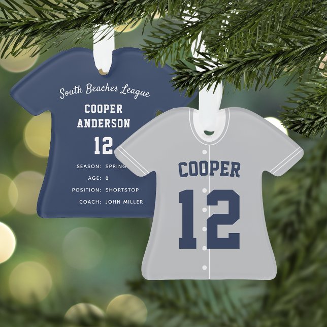 Grey & Navy Baseball Jersey Player Stats Ornament (Creator Uploaded)
