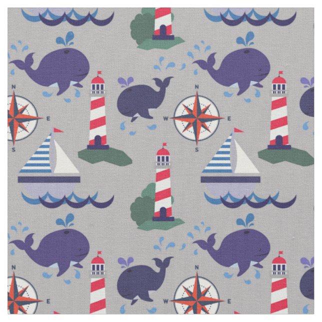 Grey, Navy Blue and Red, Whales | Nautical Fabric (Close Up)