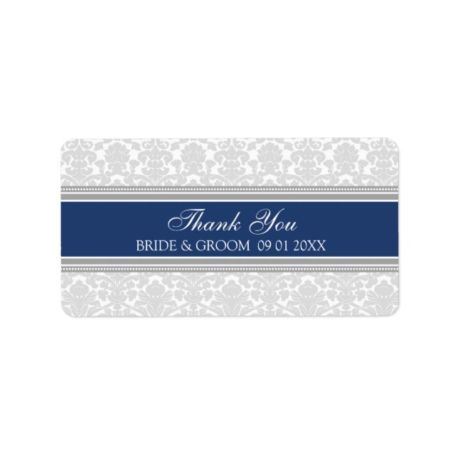 Grey Navy Blue Damask Wedding Labels (Front)