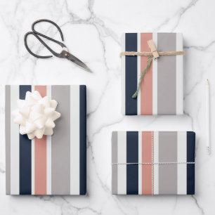 Grey Navy Blue Pink Coastal Stripes Pattern Wrapping Paper Sheet