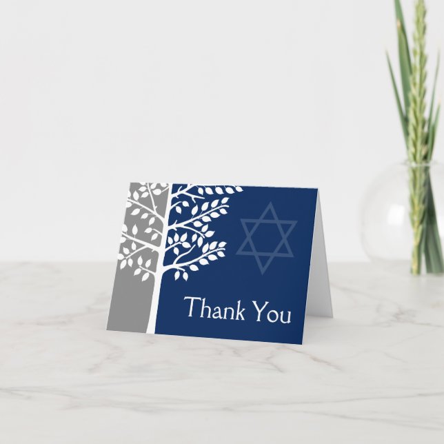 Grey Navy Blue Tree of Life Bar Mitzvah Thank You Card (Front)