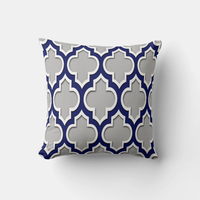 Grey, Navy Blue White Moroccan Quatrefoil #4DS Cushion (Front)