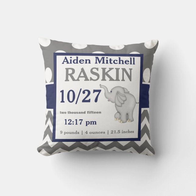 Grey Navy Elephant Baby Announcement Pillow (Front)