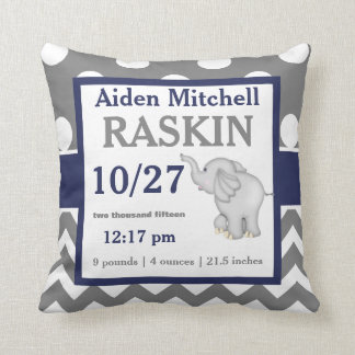 Grey Navy Elephant Baby Announcement Pillow