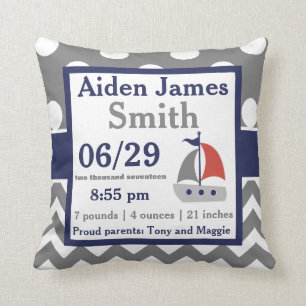 Grey Navy Sailboat Boat Birth Announcement Pillow