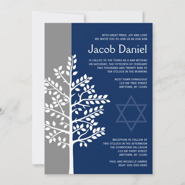 Grey Navy Tree of Life Bar Mitzvah Invitations (Front)