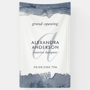 Grey Navy Watercolor Monogram Grand Opening Banner