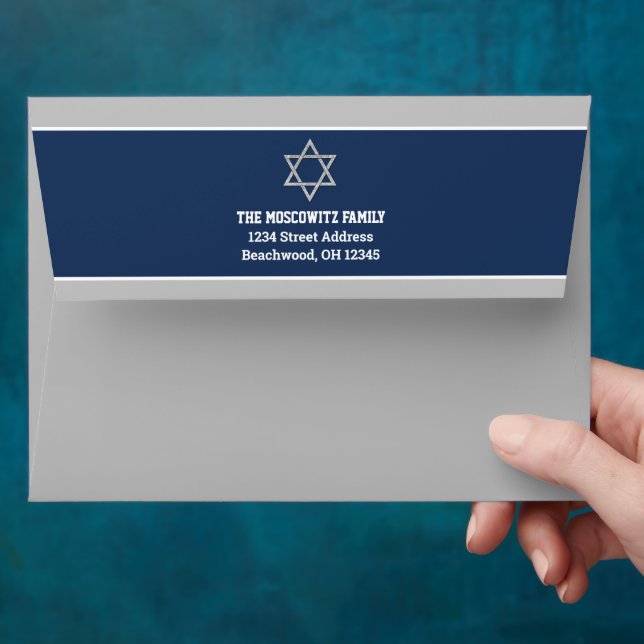 Grey, Navy, White Star of David Bar Mitzvah Envelope (Hand)