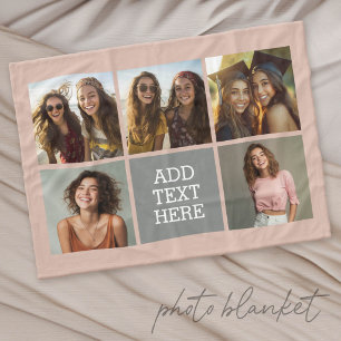Grey Neutral 5 Photo Collage with Text Fleece Blanket