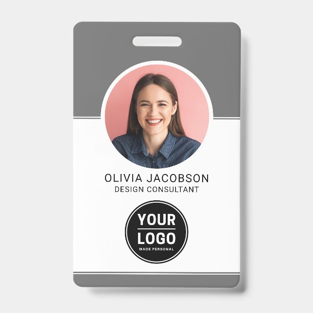 Grey Neutral Modern Company Employee Photo QR ID Badge (Front)