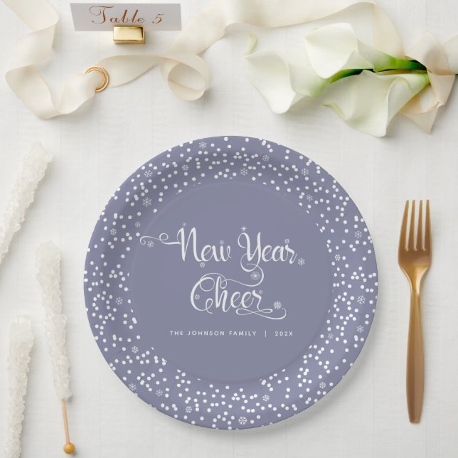 Grey New Year Cheer White Snowflakes Script Custom Paper Plate (Wedding)