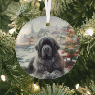 Grey Newfoundland Dog  Glass Tree Decoration