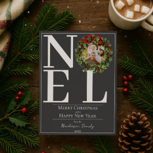 Grey Noel Christmas Wreath Photo Holiday Card
