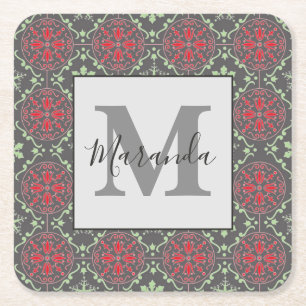 Grey Nordic Snowflake Winter Pattern Monogram Square Paper Coaster