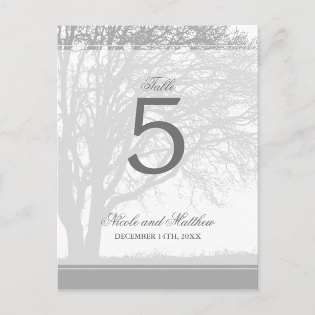 Grey Oak Tree Winter Wedding Table Number Postcard (Front)