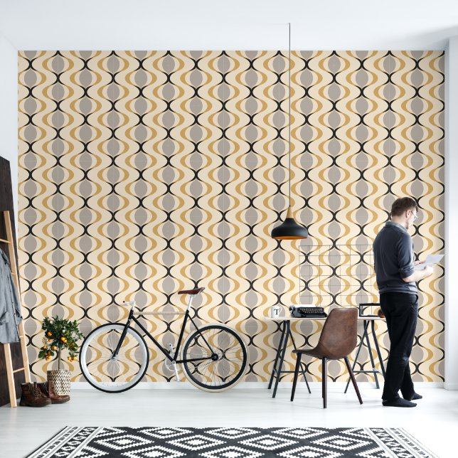 Grey Ochre Mustard Yellow Ivory Ogee Wave Pattern Wallpaper (Living Room)