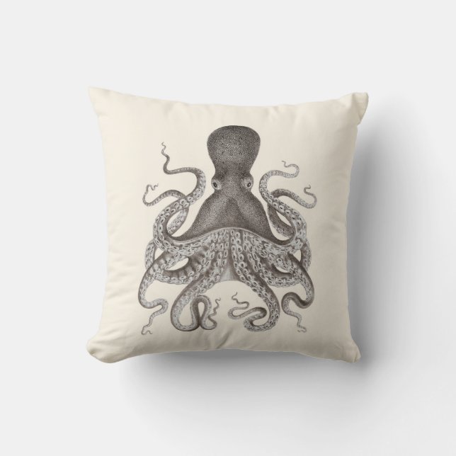 Grey Octopus Illustration on Cream Cushion (Front)