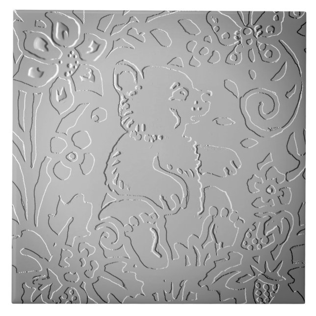 Grey Ombre Bear Woodland Embossed Floral Nature Tile (Front)