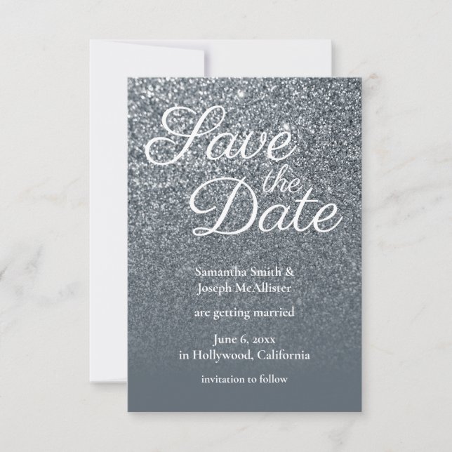 Grey Ombre Glitter Photo Save the Date Invitation (Front)