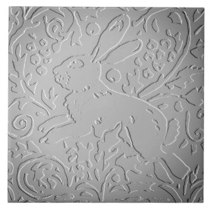 Grey Ombre Rabbit Woodland Embossed Floral Nature Tile