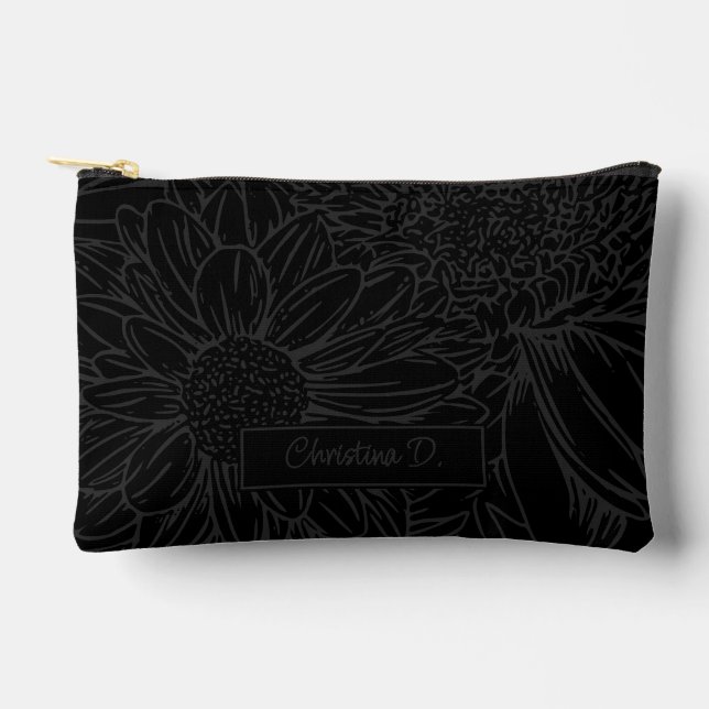 Grey on Black Chrysanthemums with Name Accessory Pouch (Front)