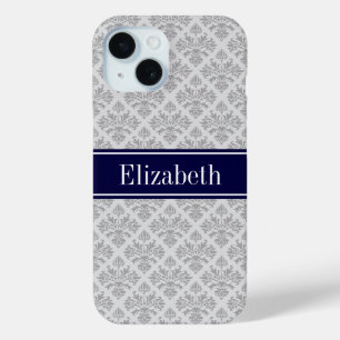 Grey on Grey Damask #3 Navy Blue Name Monogram iPhone 15 Case
