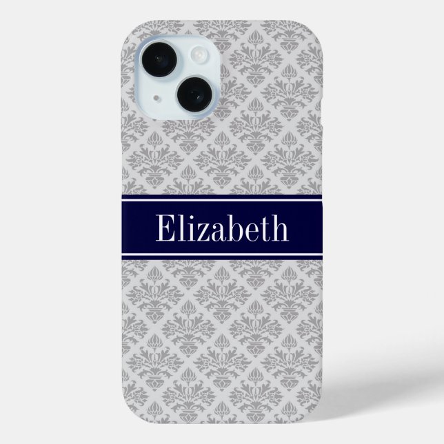 Grey on Grey Damask #3 Navy Blue Name Monogram Case-Mate iPhone Case (Back)