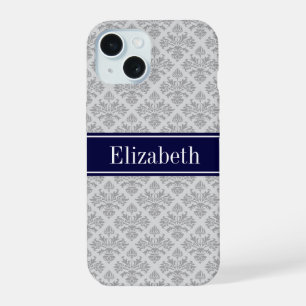 Grey on Grey Damask #3 Navy Blue Name Monogram iPhone 15 Case