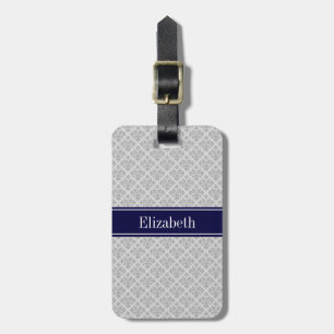 Grey on Grey Damask #3 Navy Blue Name Monogram Luggage Tag