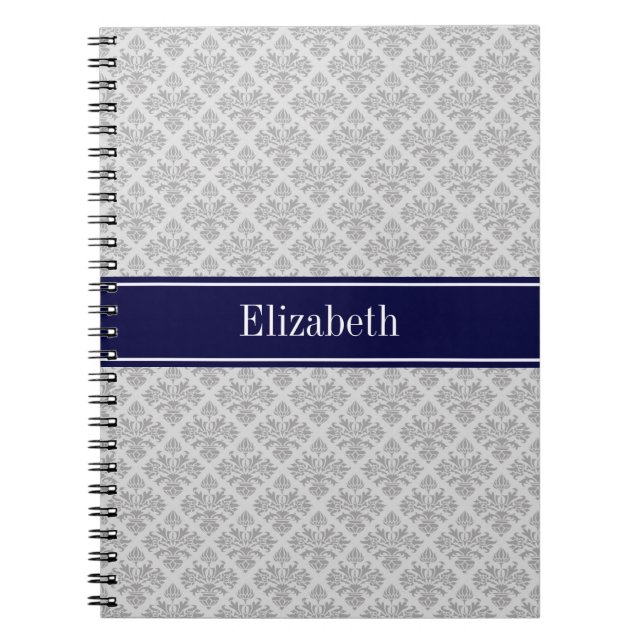 Grey on Grey Damask #3 Navy Blue Name Monogram Spiral Notebook (Front)