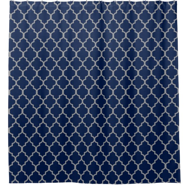Grey on Navy Blue Quatrefoil Custom Background Shower Curtain (Front)