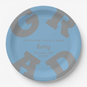 Grey on Powder Blue Bold Text Graduation Paper Plate
