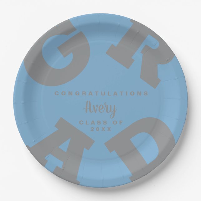 Grey on Powder Blue Bold Text Graduation Paper Plate (Front)