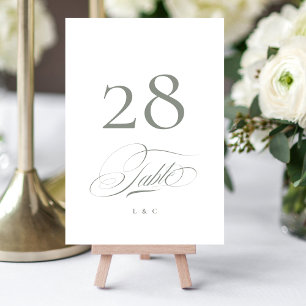 Grey on White Elegant Calligraphy Wedding Table Number