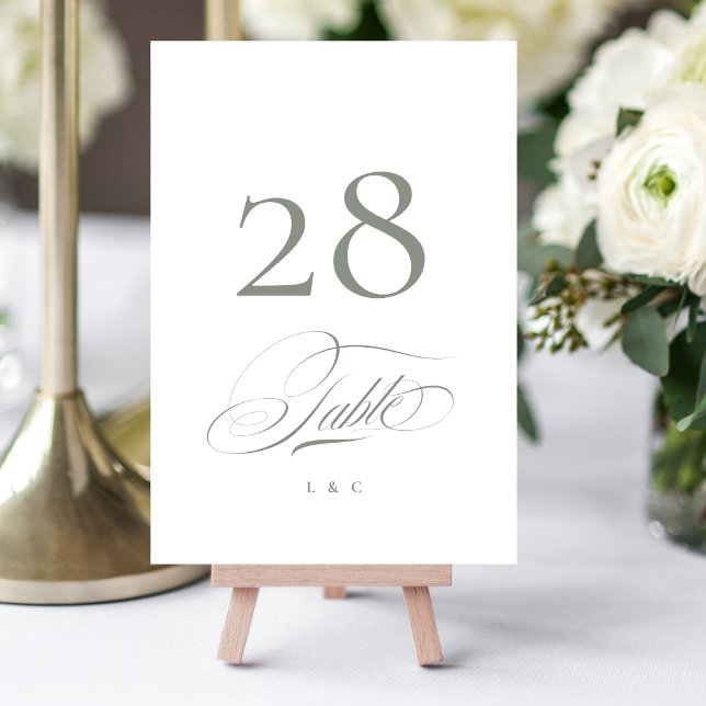 Grey on White Elegant Calligraphy Wedding Table Number (Creator Uploaded)