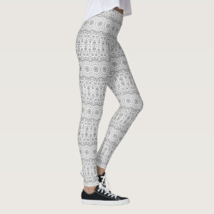 Grey on White Mandala Medallion Striped Leggings