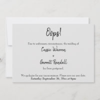 Grey "Oops!" Postponed Wedding Announcement